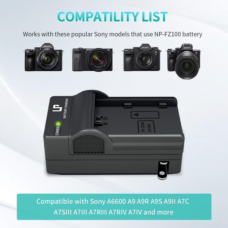 L & P NP-FZ100 Battery Charger, Charger with LED Lights Display, Compatible with Sony A9 A9R A9S A9II A7C A7CII A7SIII A7III A7RIII A7RIV A7IV A6600 A6700 ZV-E1 Cameras, Battery Charger for Sony np-fz100 - Image 2